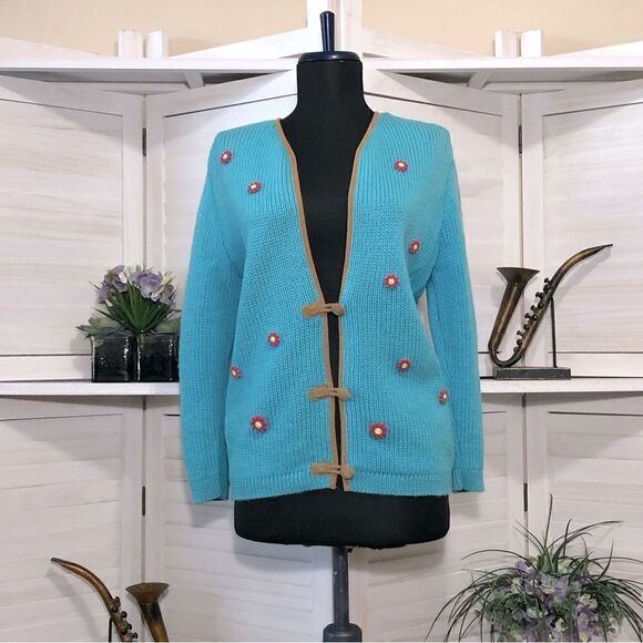 Vintage 70s 80s Pink Daisies Teal Blue Cardigan - Medium - Picture 1 of 8